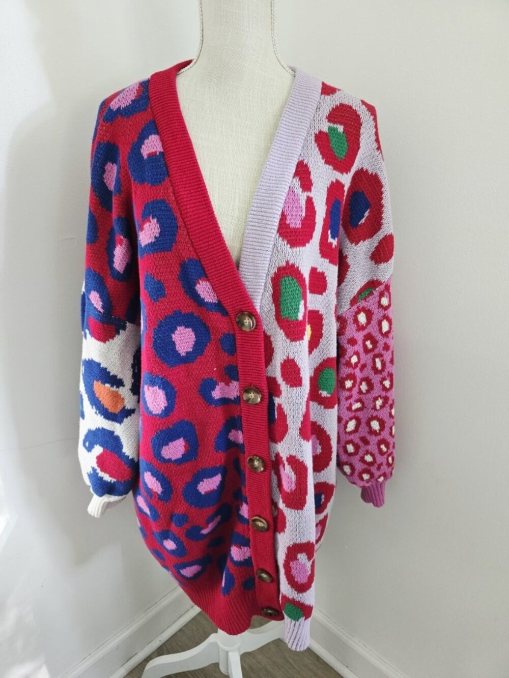 Farm RIO Leopard Pop Cotton Cardigan Sweater S Oversize Baggy Relaxed Multicolor - Picture 13 of 13